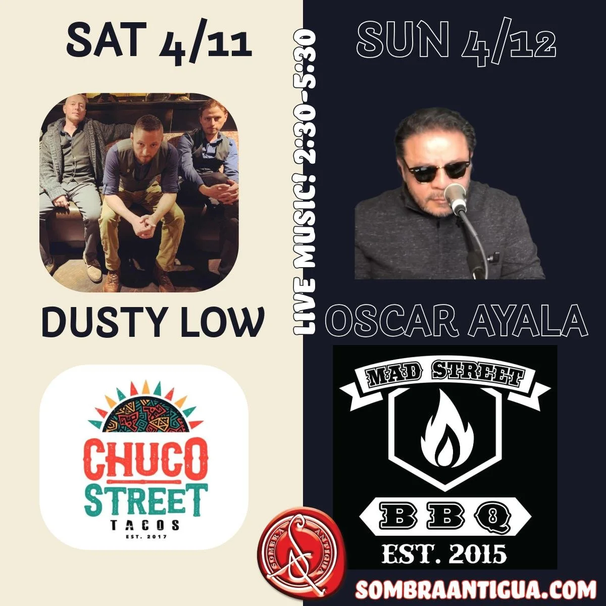 Who's ready to party like there's no Monday? 🎉 Head to Sombra Antigua for a weekend you'll remember forever! Saturday vibes with Dusty Low and Chuco Street Tacos, a match made in heaven! And on Sunday, Oscar Ayala's gots the tunes to go with your BB