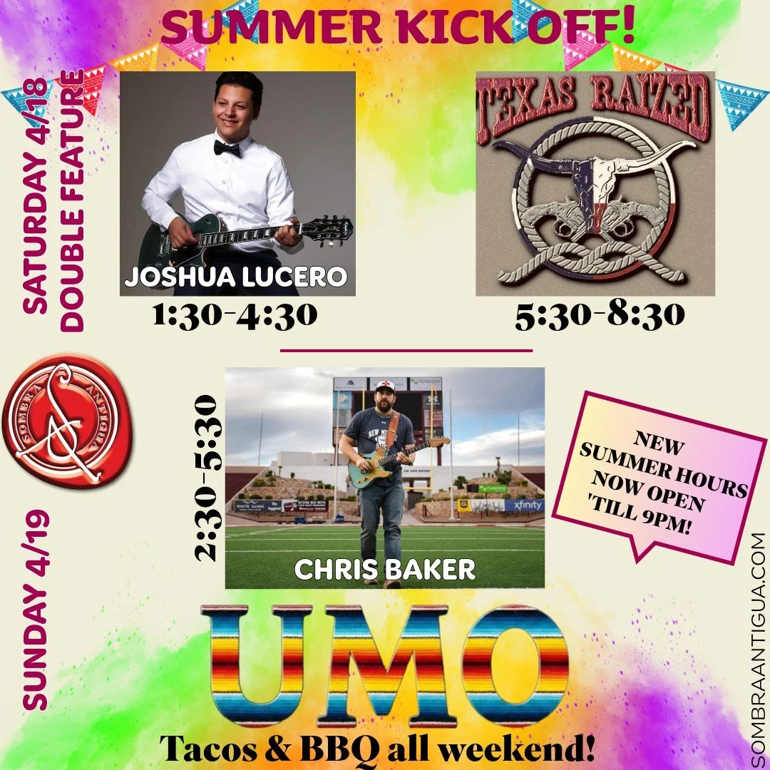 Who's ready to kick off the summer with Sombra Antigua?! 🎉 We're talkin' new summer hours, y'all (aka we're staying up way past our bedtime, 9 PM!) Saturdays got a double whammy with Joshua Lucero and Texas Raized, and Sunday Funday brings Chris Bak