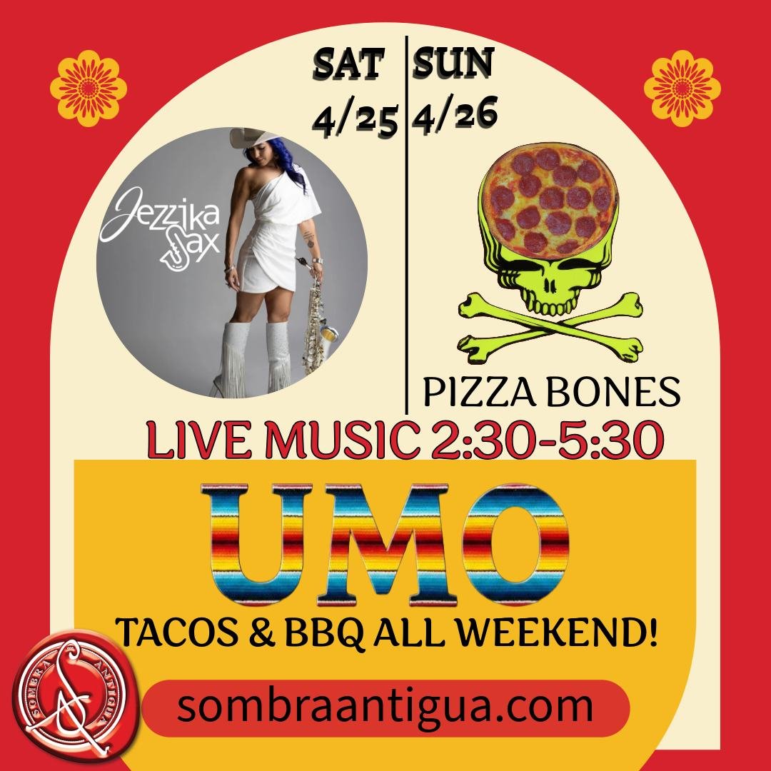 Get ready for a weekend of epic eats and tunes! Jezzika Sax is bringing the sax-tastic sounds on Saturday, and Sunday we got Pizza Bones for ya'll! 🍕 And don't even get us started on UMOs food truck, here all weekend.... Taco 'bout a good time! 🌮 H