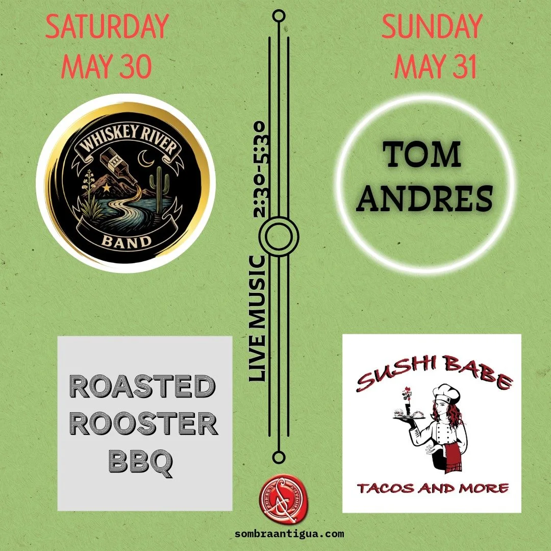 why spend your Saturday at home when you can rock out to Whiskey River Band with some Rooster BBQ in your hand?! why sleep in Sunday when we have Tom Andres paired with some Shushi Babe!  And let's be real, wine is always the answer, no matter the qu