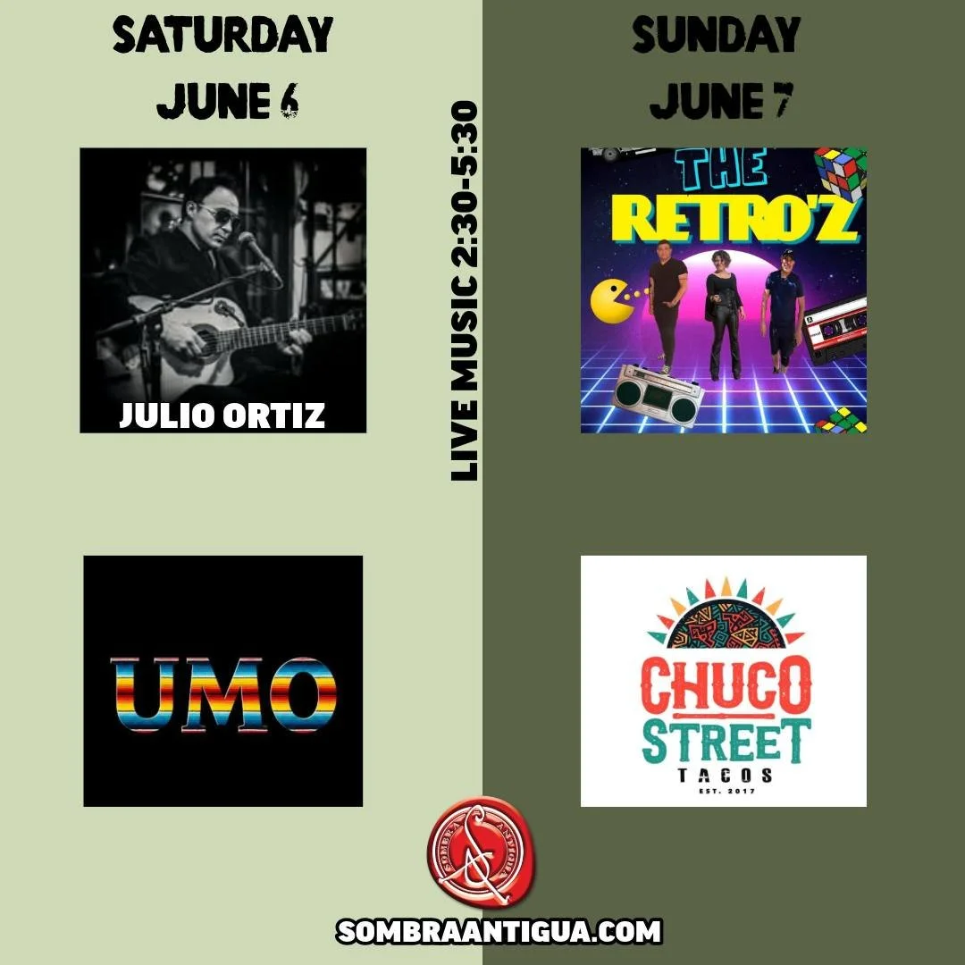 Weekend slump? Not around here! Come on down and jam out with Julio Ortiz and get your yums at Umos Tacos and BBQ truck! End the weekend going back in time with the Retro'z and some delicious Chuco Street Tacos! Don't start your Monday with only the 