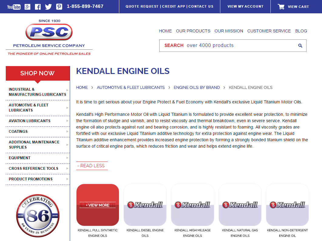 petroleumservicecompany.com has devoted a specific section of our online store to kendall motor oils. Browse this website, or shop online by clicking on any of our "shop @ Psc" buttons.