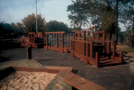 Pullman Playground, 1985, redwood and galvanized steel construction, by Jon Pounds and Olivia Gude