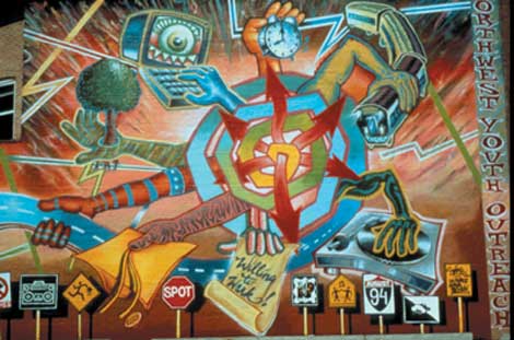 Shiva 2021, 1994, spray enamel and acrylic on brick, by John Pitman Weber, Dzine, and La Force Alphabetick