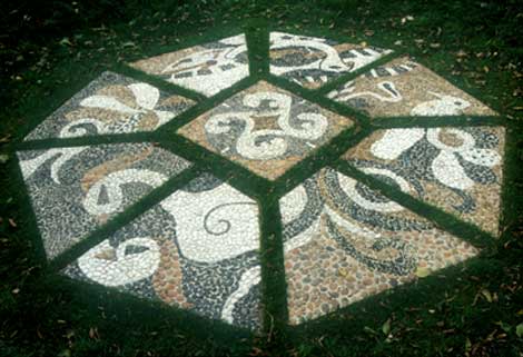 New Patterns/Future Visions, 1997, mosaic stone, tiles, and reverse casting cement, by Mirtes Zwierzynski.