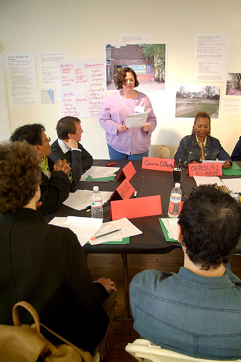 As part of Creating Places , Caroline O’Boyle of the Chicago Park District reviews planning ideas from a Creating Places 2007 working group for the South Chicago Art Garden .