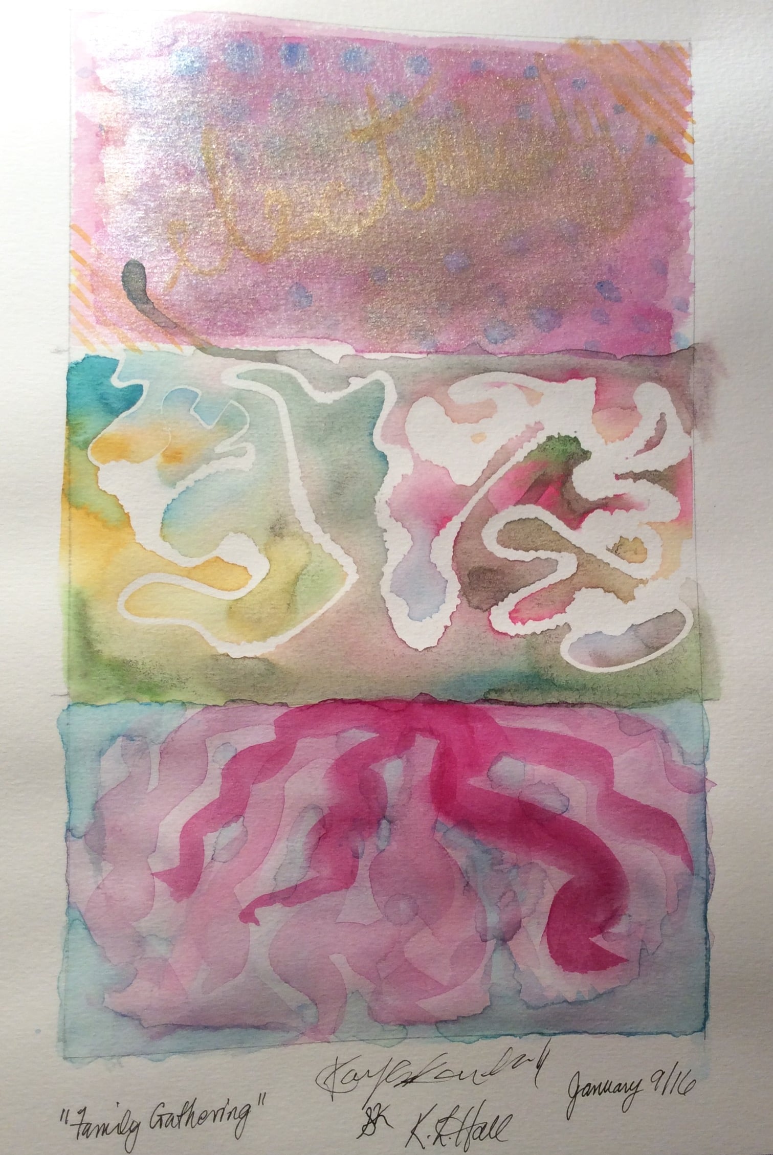 "Family Gathering" Art journal, watercolour, 8 x 10"