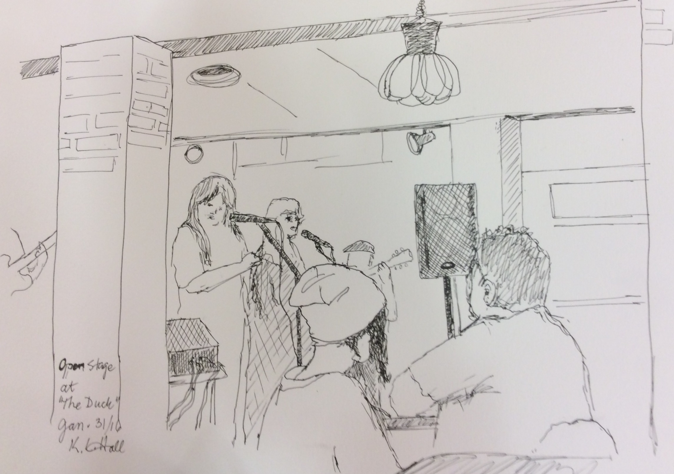 "Open Stage at The Duck" Art journal, ink, 12 x 9"