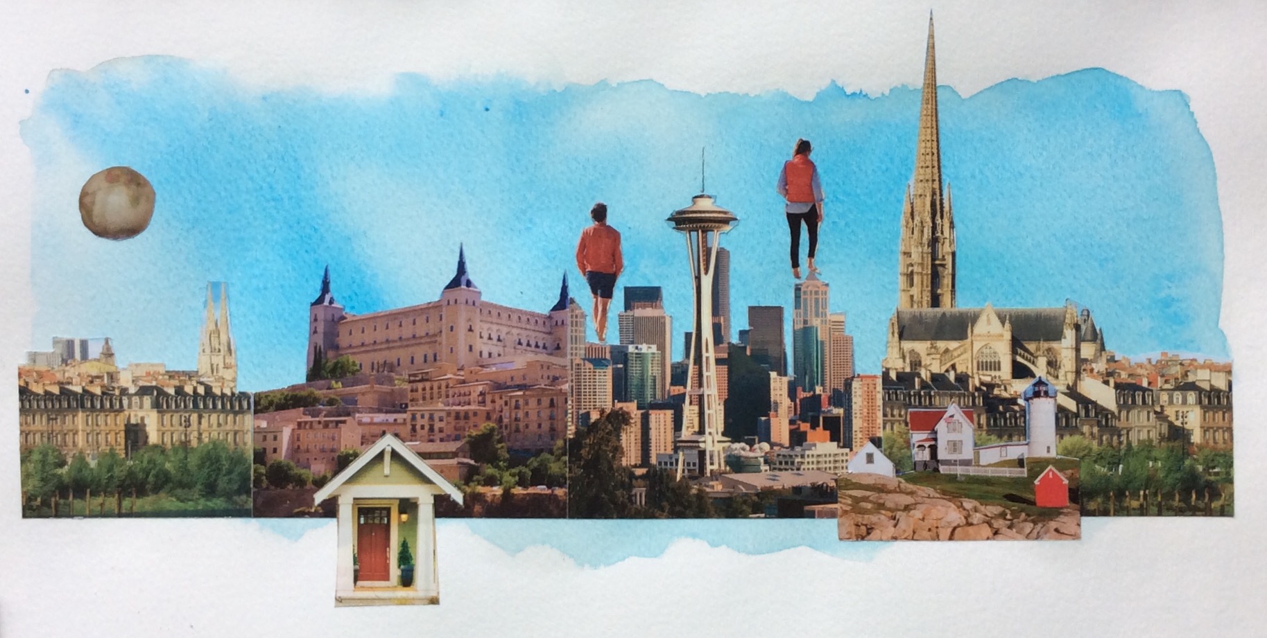 "Somewhere Only We Know" Art Journal, magazine collage with watercolour, 11 x 6"