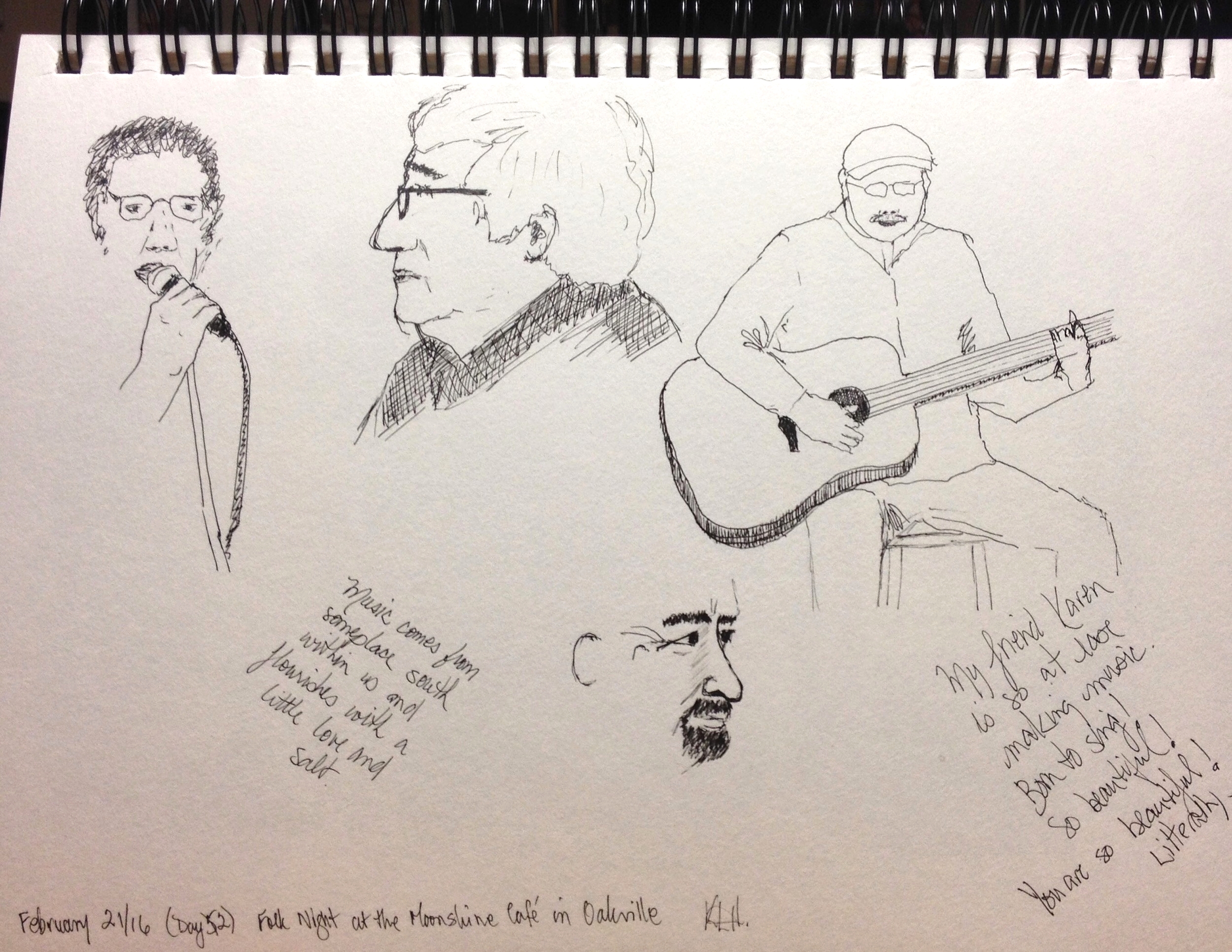 "Folk Night at the Moonshine Cafe in Oakville" Art journal, ink.