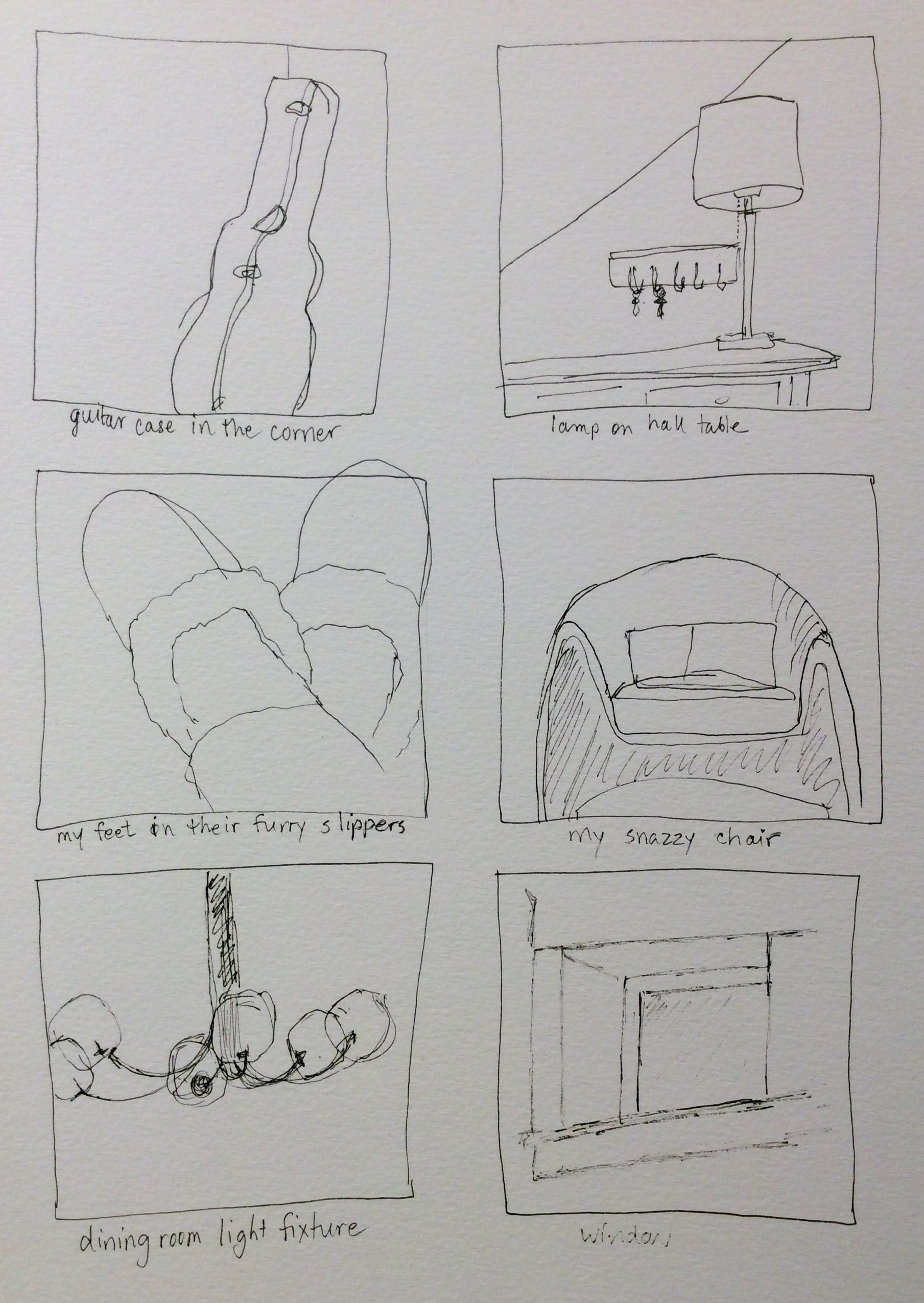 Six one-minute sketches, art journal, ink