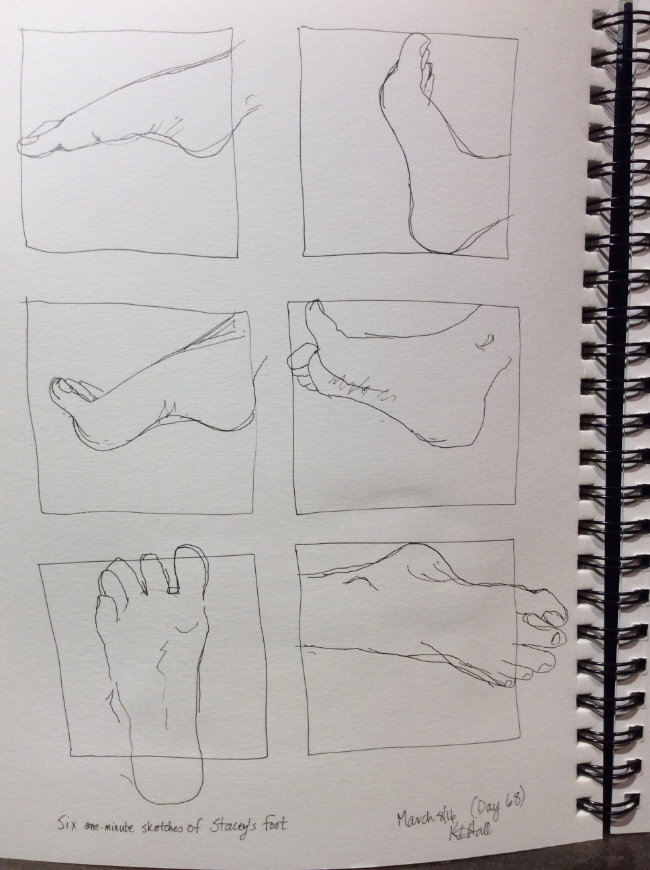 "Six one-minute sketches of Stacey's foot" Art journal, ink