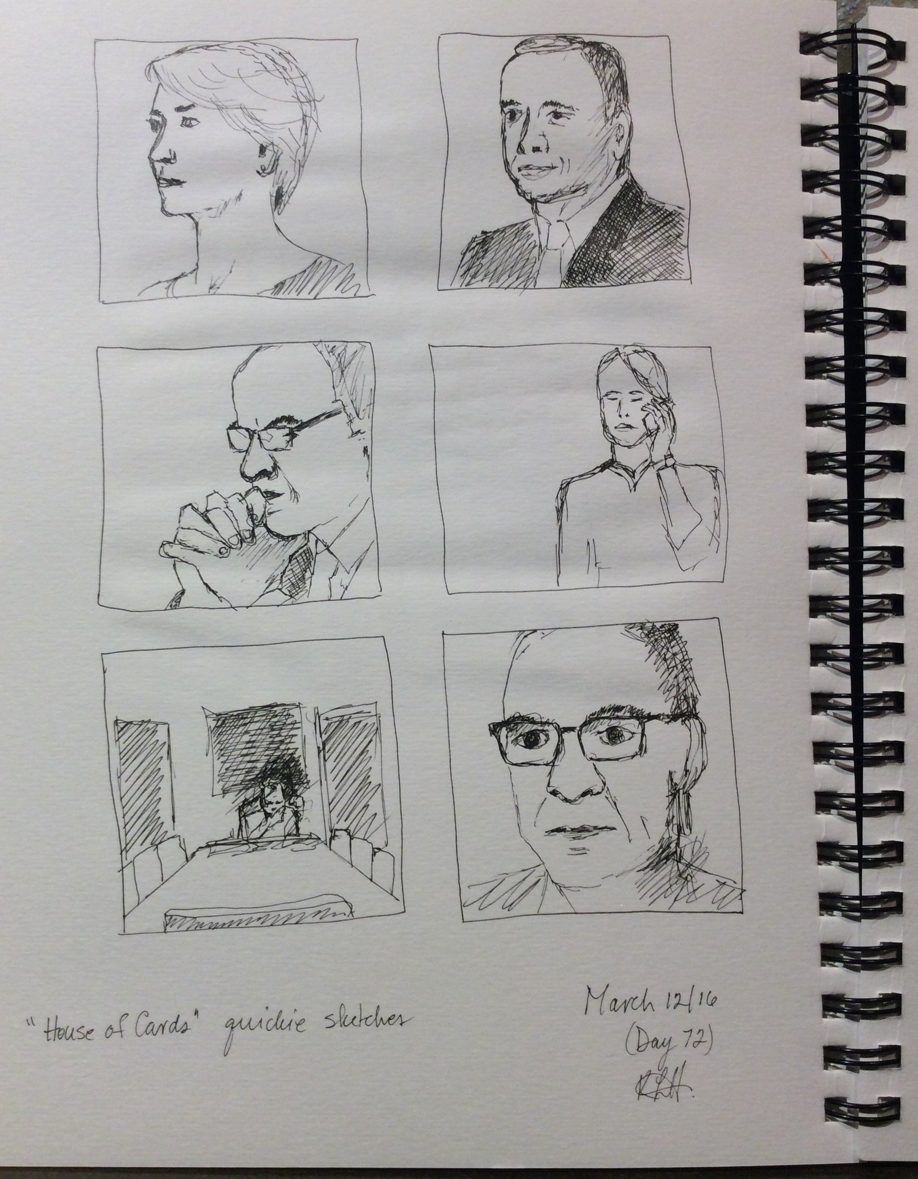"House of Cards quickie sketches" Art journal, ink
