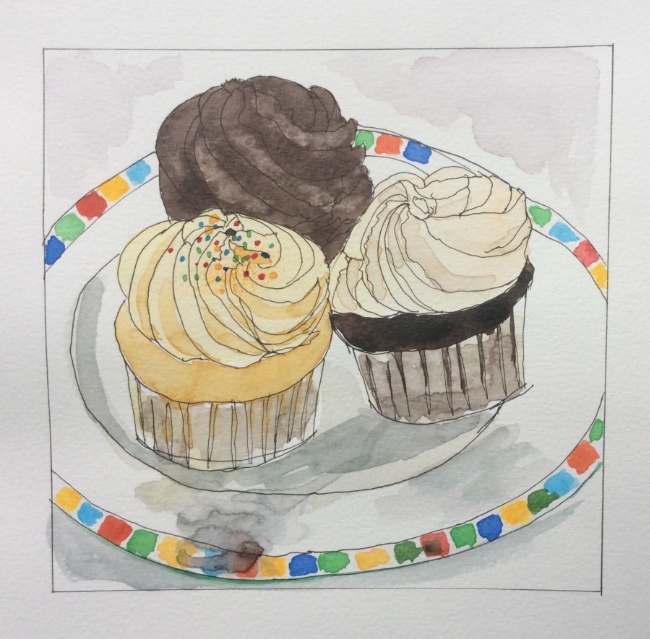 "Cupcakes for Stacey" Art journal, ink and watercolour