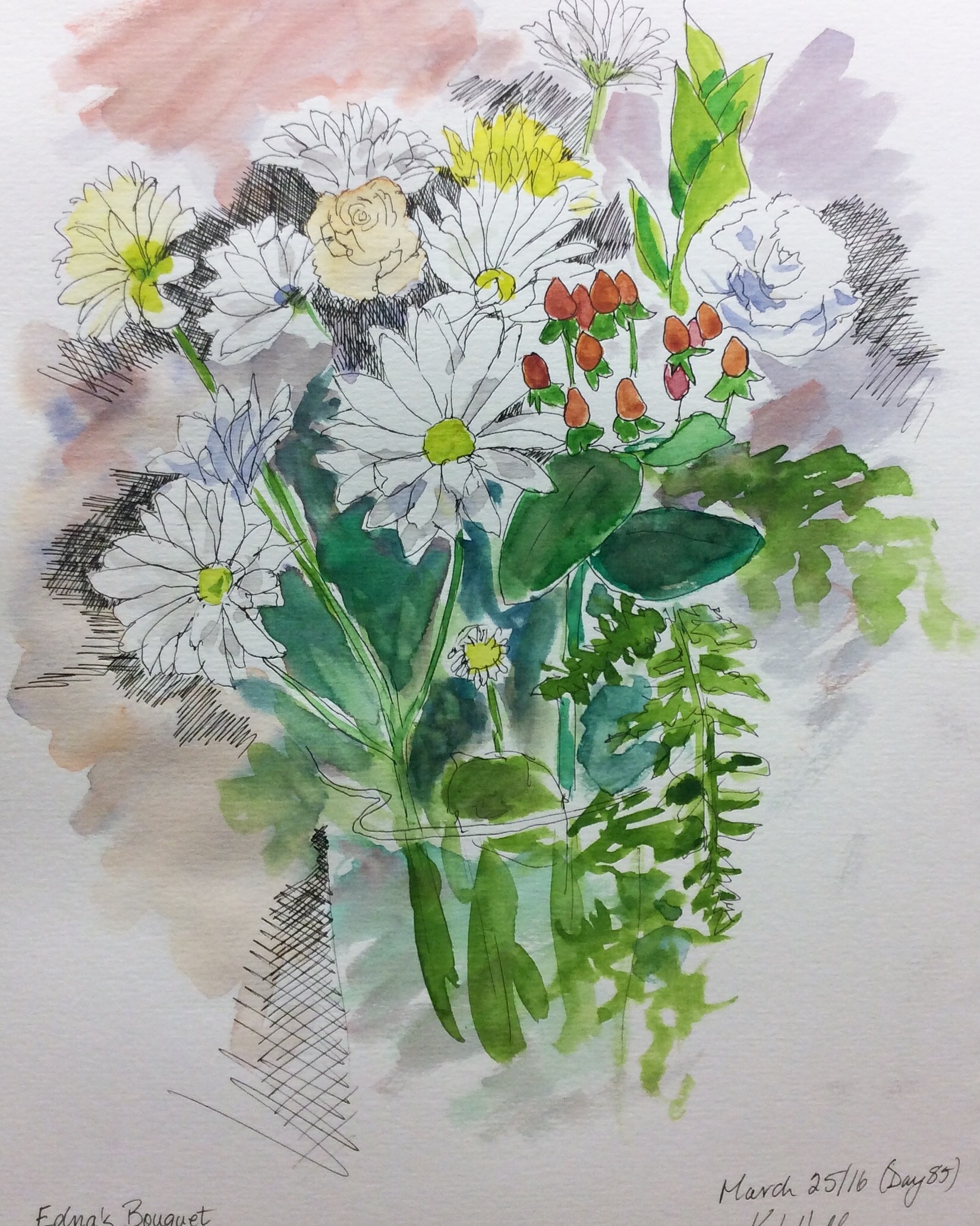 "Edna's Bouquet". Art journal, watercolour and ink.