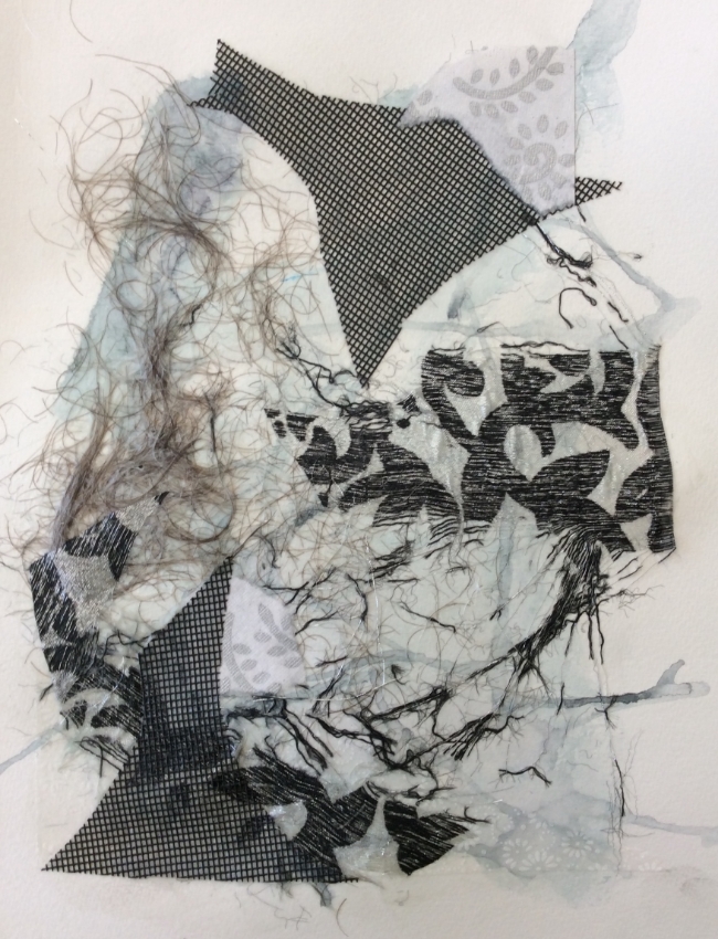 "Cut and Blow Dry" Mixed media and found object collage, art journal.