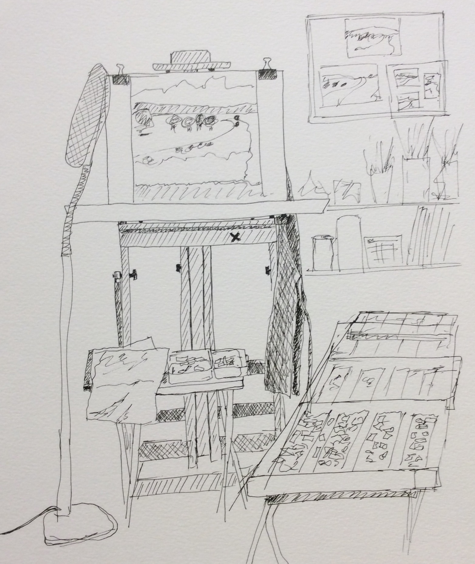 "My easel in my basement studio, with a pastel landscape painting in progress" Art journal, ink.