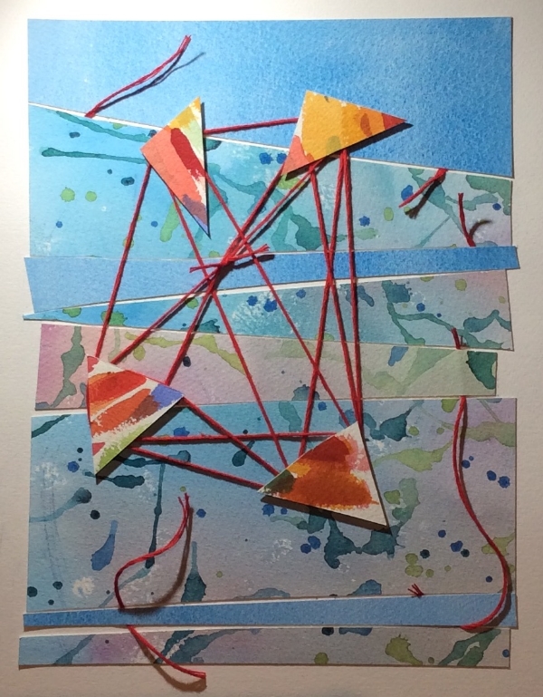 "Reunion" Art journal, watercolour collage with string.
