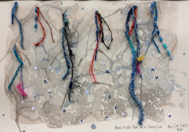 "Beach Studio Tour on a Rainy Day" Art journal, watercolour, yarns, and cardboard