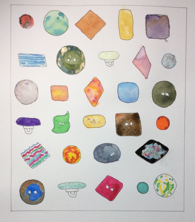 "Buttons!" Art journal, watercolour and ink.