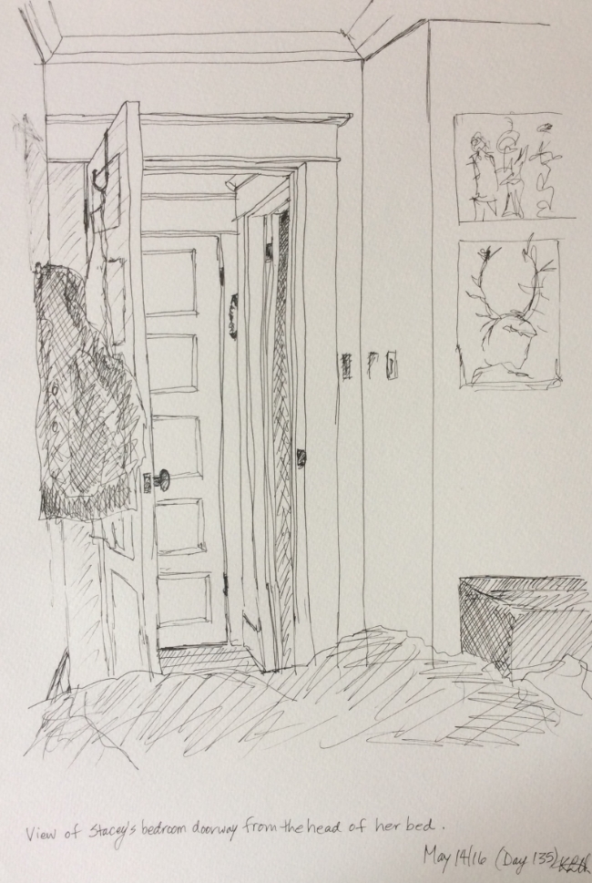 "View of Stacey's bedroom doorway from the head of her bed" Art journal, ink
