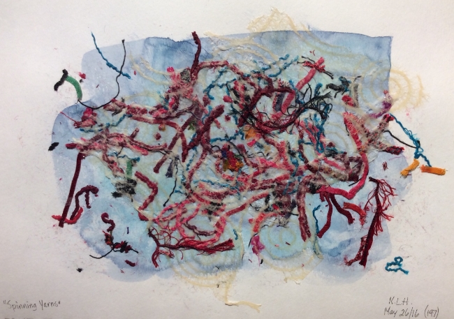 "Spinning Yarns" Art journal, watercolour, yarns and rice paper