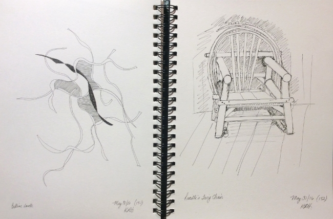 "Bedtime Doodle" and "Lucille's Twig Chair" Art journal, ink