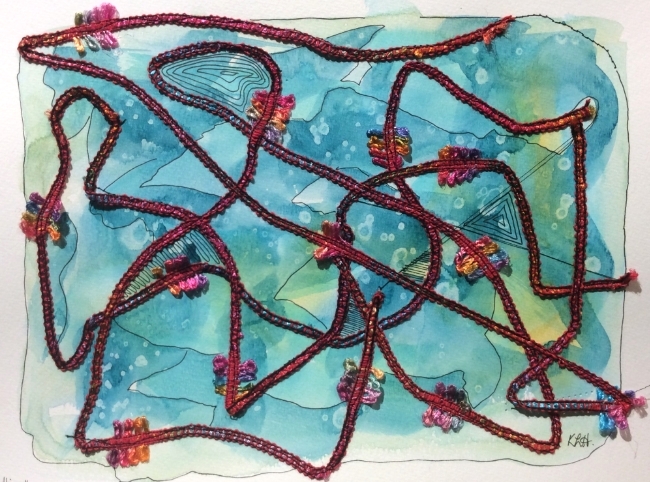"Bedtime Threadtime" Art journal, watercolour, ink and yarn