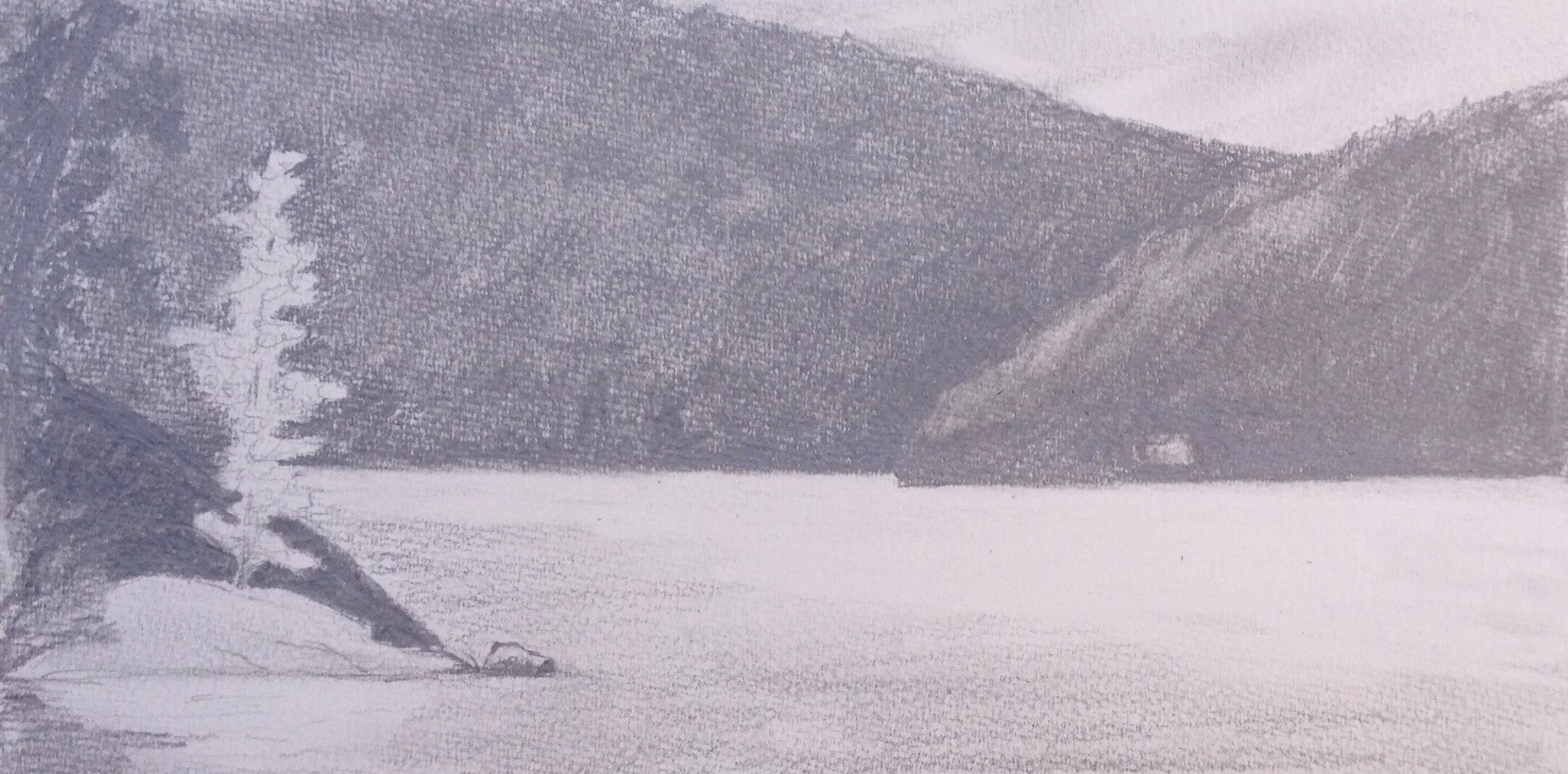 "View from the Dock on a Calm Morning, Grand Lake". Art journal, pencil