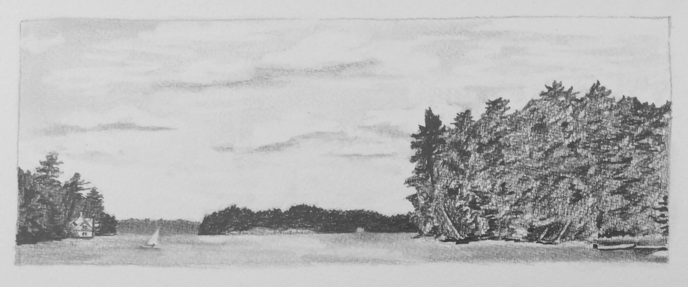 "View from the Boat House, Whalon Bay, Lake Joseph, Muskoka". Art journal, pencil.