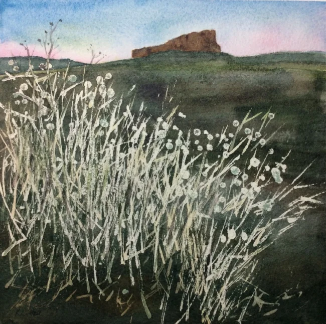 "Dusk on the Mesa", from a photograph by Summer Brennan. Watercolour, 7 x 7"
