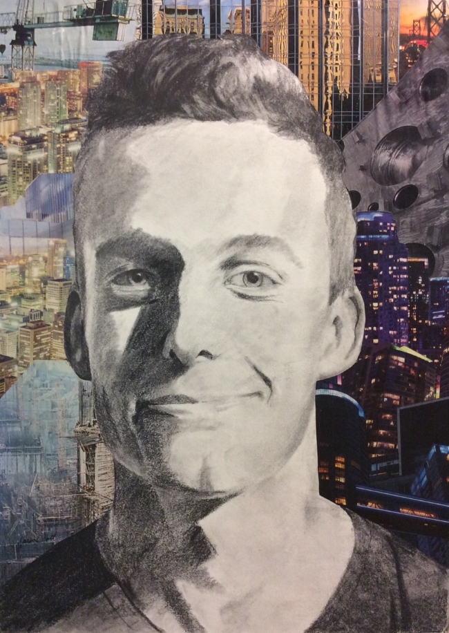 "Ryan Brown, Structural Engineer" Pencil drawing with magazine collage, 15.5 x 11"