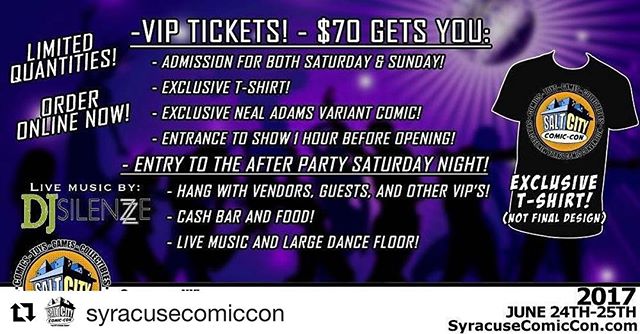#Repost @syracusecomiccon with @repostapp
・・・
Come have fun at the VIP after party from 7pm - 11:30 pm Saturday June 24th after the convention. Huge dance floor with free food for everyone. Check out the website for more information, www.saltcitycomi