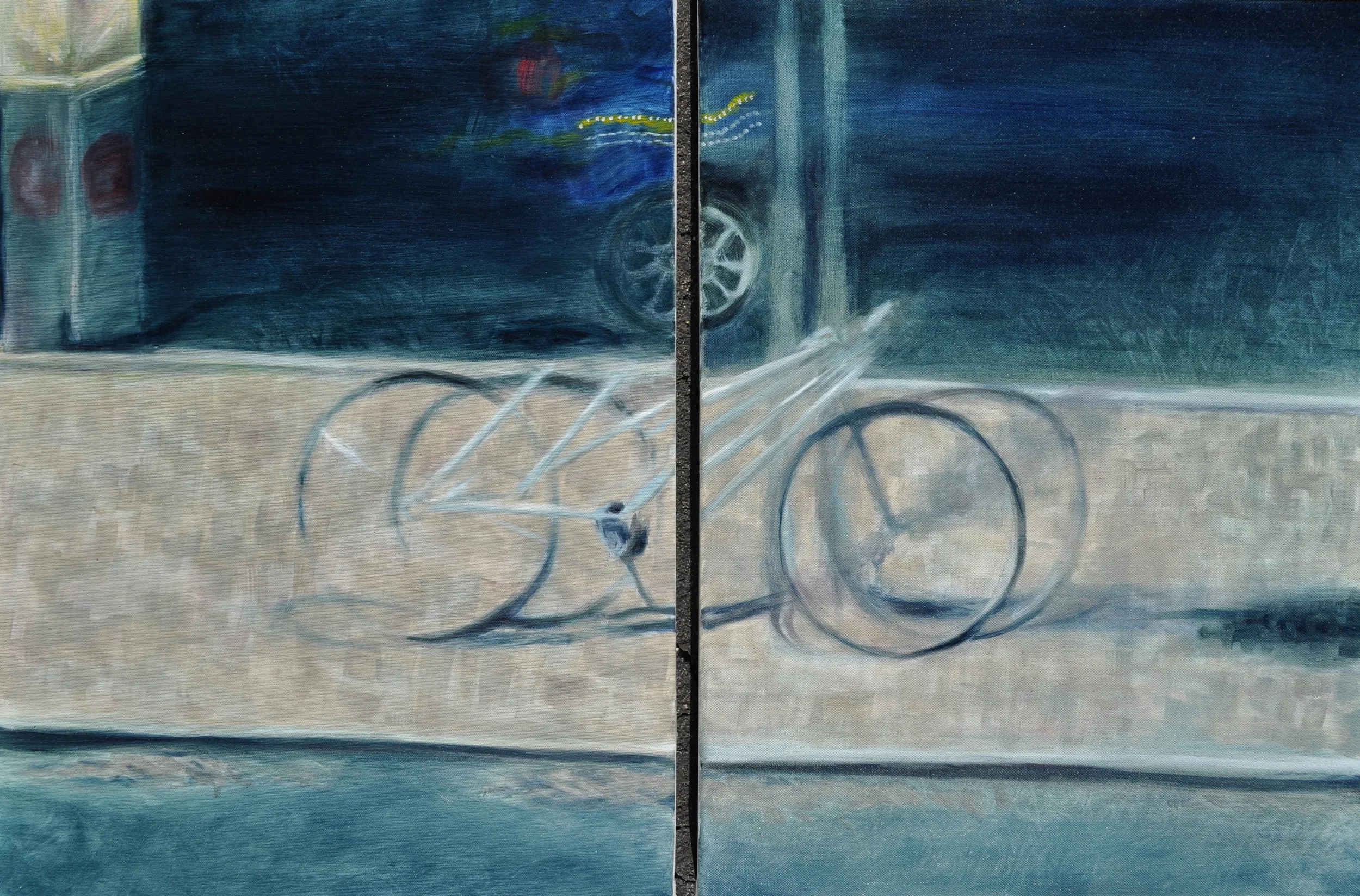 Bikes in Boston. Oil on Canvas 18"x 24" (two parts), 2010