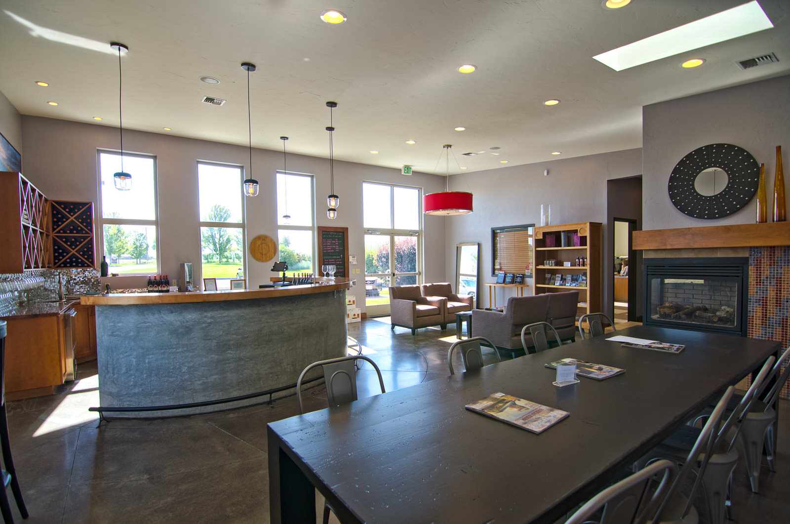 Our Walla Walla tasting room: a vineyard view and comfortable seating.