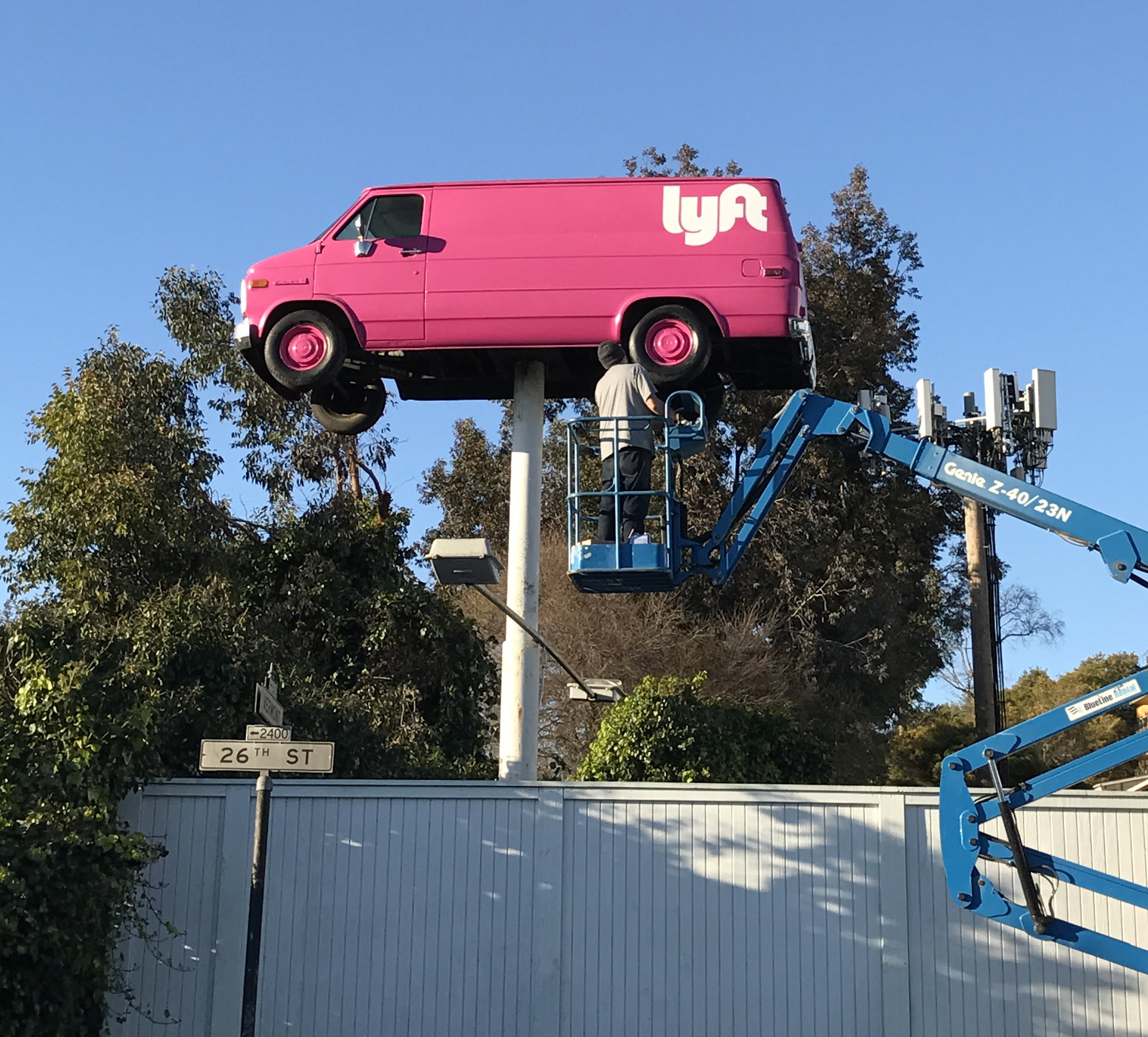  Hand painted LYFT logo with one shot enamel 40ft up on the infamous pink van that faces Hwy 101 in San Francisco.&nbsp; 