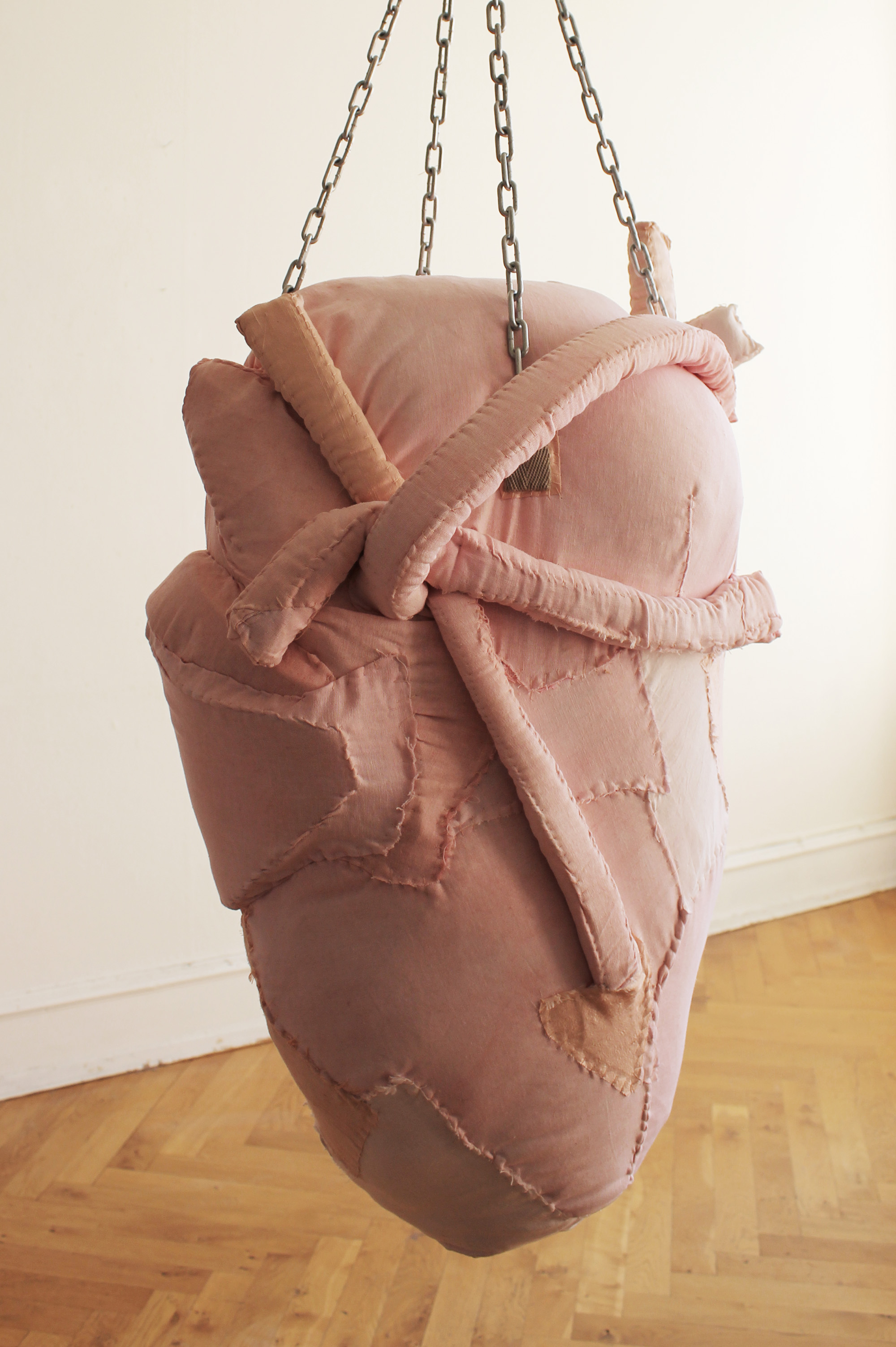  Anatomical heart punchbag. 2017  Textile,embroidery,iron chain.  70x40x50cm 