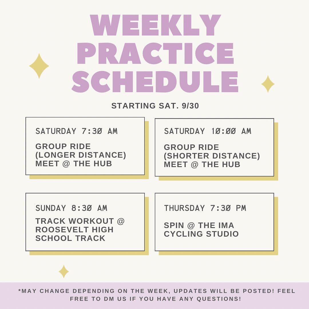 Here&rsquo;s our weekly practice schedule! We&rsquo;d love to see you at any that you can make it to!!

DM us if you have questions!