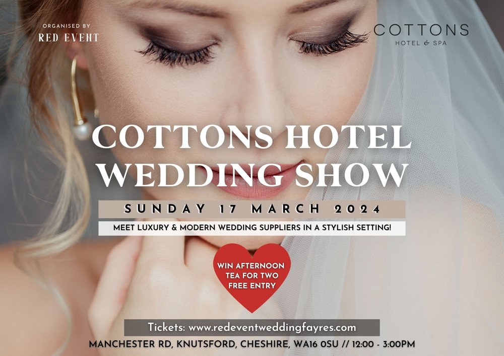 A4 Cottons Hotel Knutsford Cheshire Wedding Fayre Sunday 17th March 2024 Red Event Wedding Fayre flyers. Wirral, Chester, Merseyside, Cheshire, Liverpool, Southport, Lancashire, North Wales,.