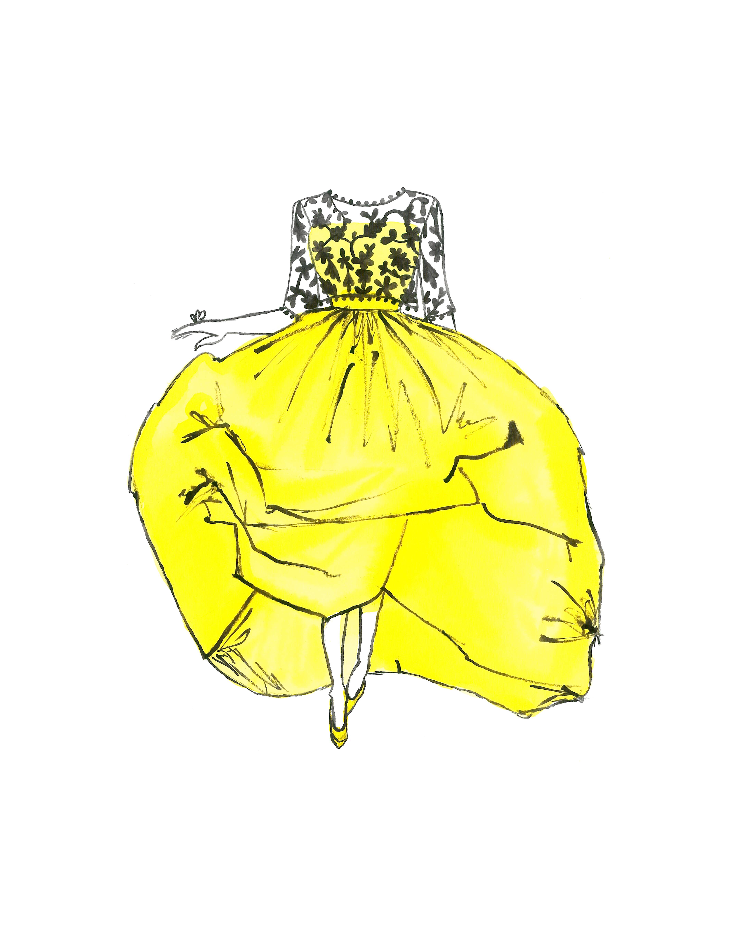 Voluminous yellow watercolor dress with black overlay fashion illustration.png