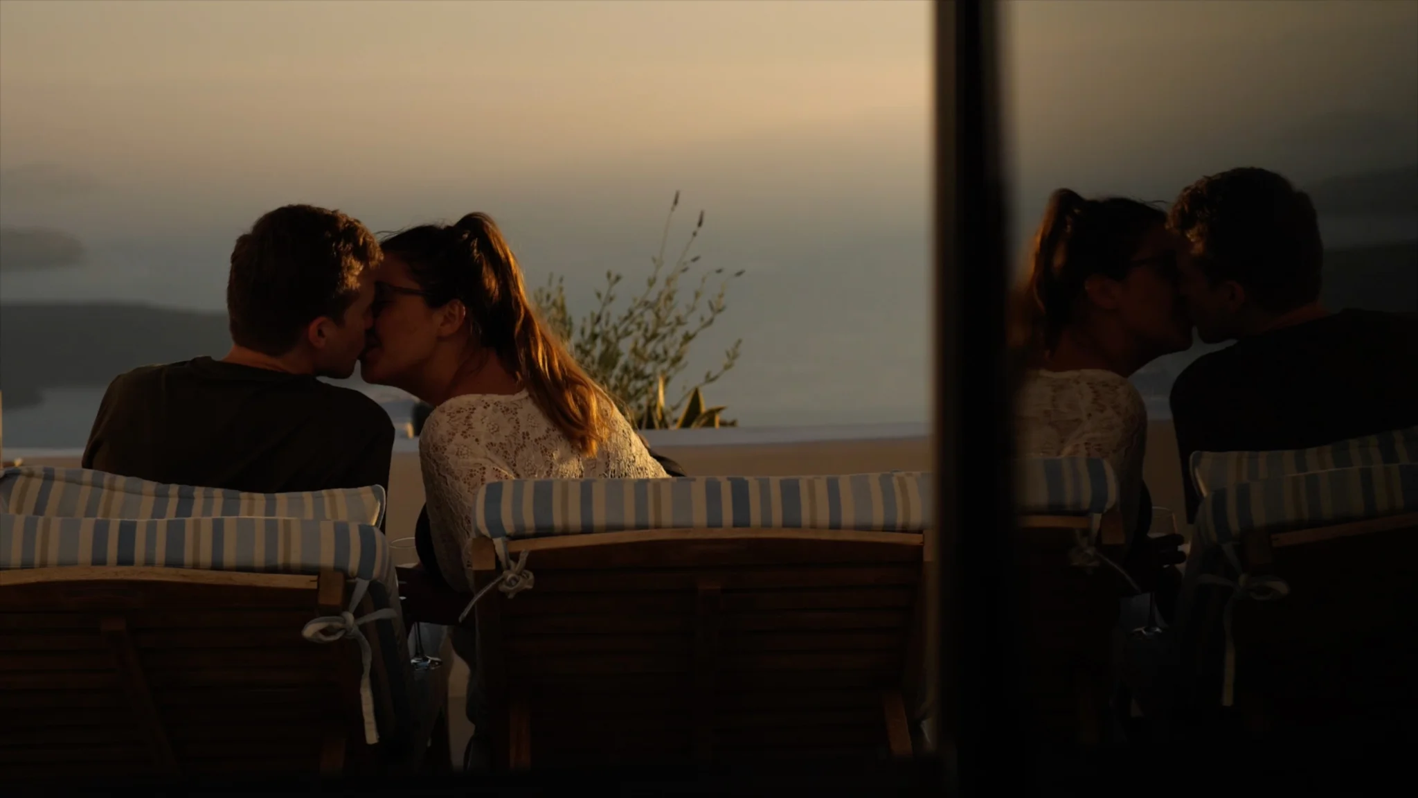 Sara and Gareth share a kiss in Santorini on the night before their wedding day.&nbsp;
