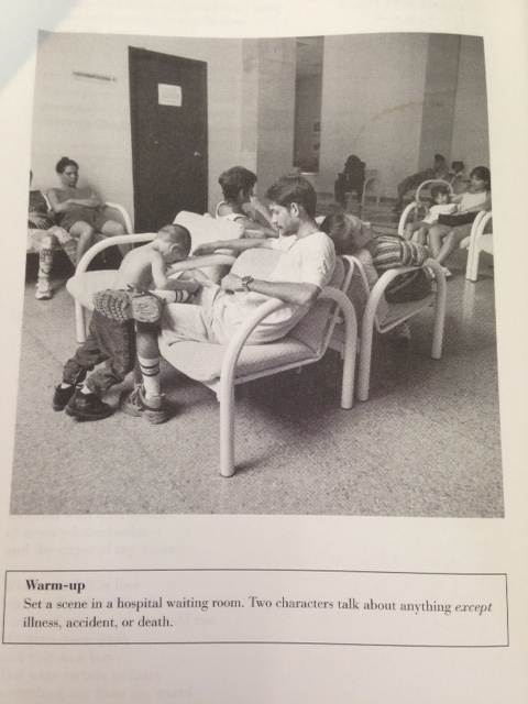 Set a scene in a hospital waiting room. Two characters talk about anything except illness, accident, or death.
