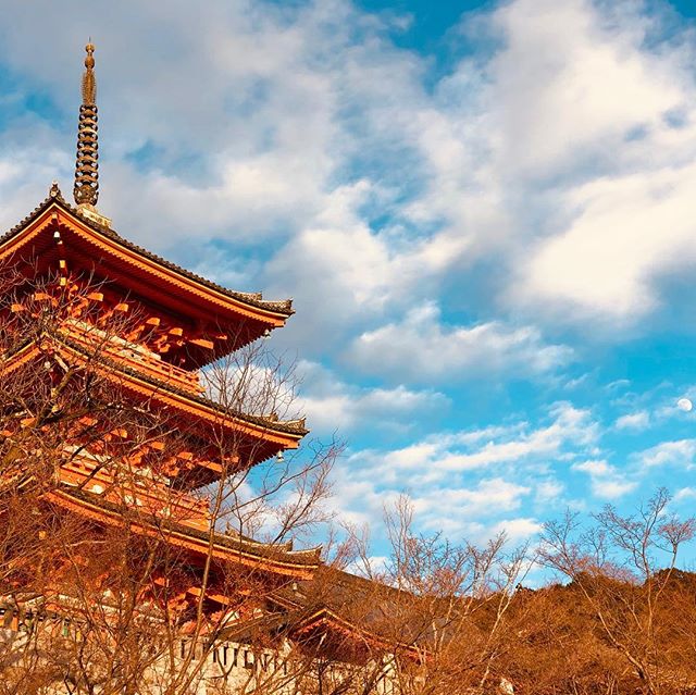 Kiyomizu Pagoda by winterlight. Cameo by the moon.