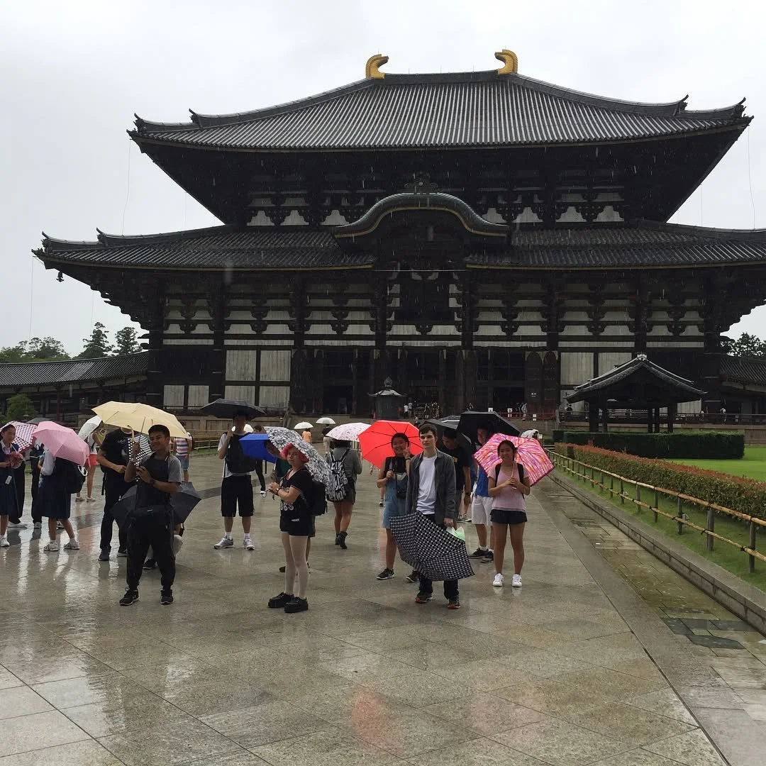 Castro Valley High School taking shelter from Tropical Storm Nanmadol at Todaiji Temple in Nara.
