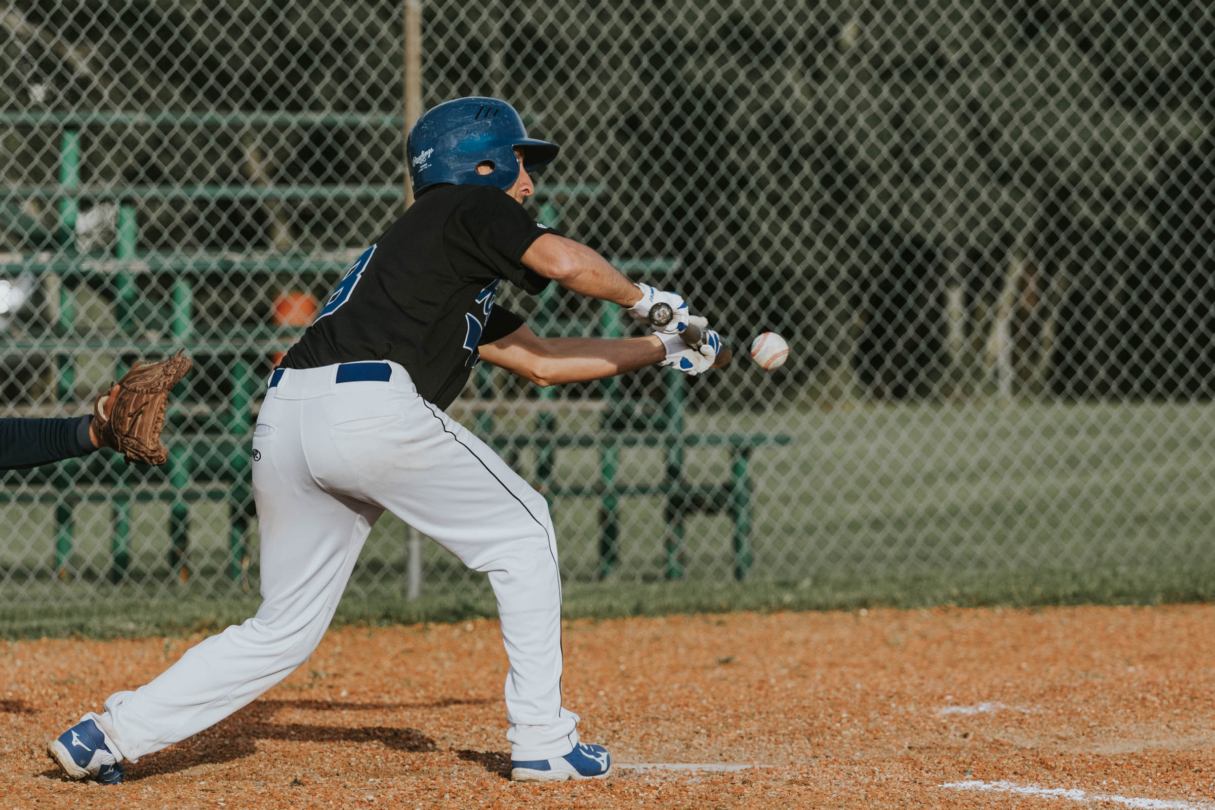 Tom Shulba of the Ryley Rebels gets down a text book sacrifice bunt against the Leduc Milleteers. The little things in a baseball game are often the things that end up having the biggest impact on the outcome | June 16 at Ryley Ballpark