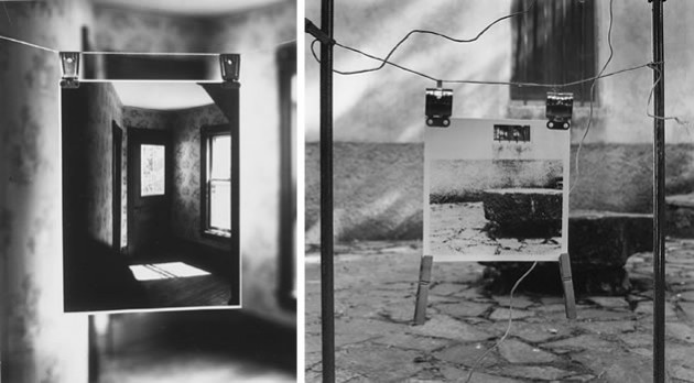 Richard Koenig hangs a print and rephotographs this in its new location, creating intriguing illusions of space within space. Perspective lines within the two images are aligned to create optical confusion, so the viewer is disconcerted and unsure about the separation of the two spaces.