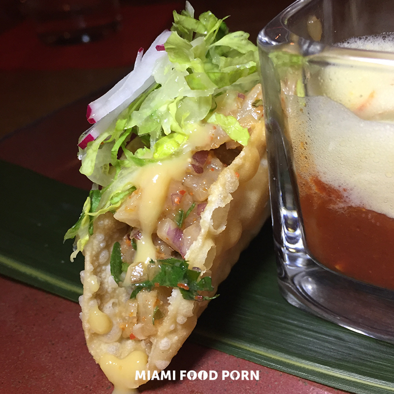 CRISPY YELLOWTAIL TAQUITO* avocado and roasted corn miso