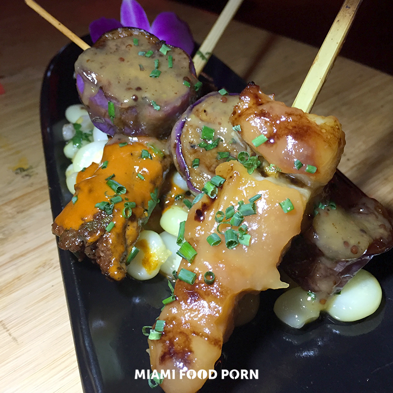 ANTICUCHOS ASSORTMENT (served with Peruvian corn) RIBEYE ají panca SEA BASS miso EGGPLANT sweet soy