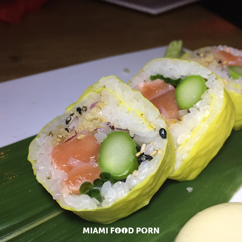 EZO soy-marinated salmon, asparagus, onion, chive, sesame, tempura flake, wasabi mayonnaise, soy paper
