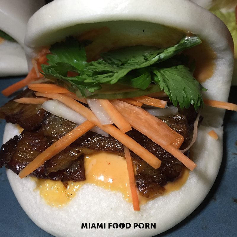 Pork Belly Bahn Mi Bao (Hoisin, cucumber, cilantro, pickled daikon and carrot, chili mayo)